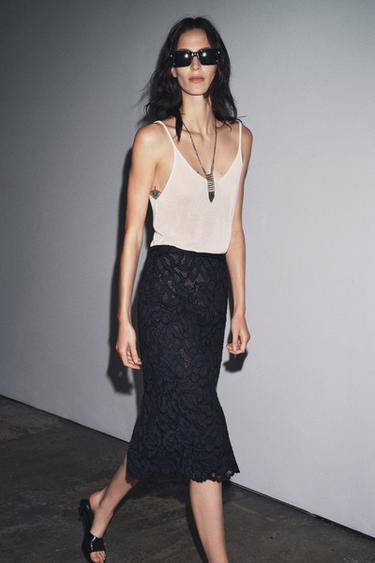 ZW COLLECTION LACE MIDI SKIRT - Navy blue by Zara