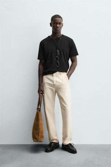 CONTRAST STITCHING TROUSERS - Ecru by Zara - Image 0