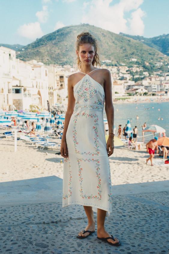 PRINTED LINEN BLEND MIDI DRESS - Multicoloured by Zara - Image 0