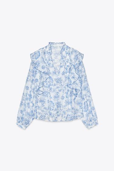 PRINTED BLOUSE WITH RUCHING AND RUFFLES - Blue/White by Zara