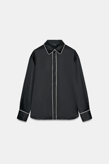 OVERSIZE SATIN SHIRT WITH CONTRAST PIPING - Black by Zara