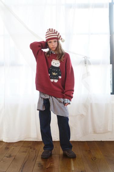 7-12 YEARS / WOOL KNIT JUMPER WITH EMBROIDERED BEAR - Dark red by Zara