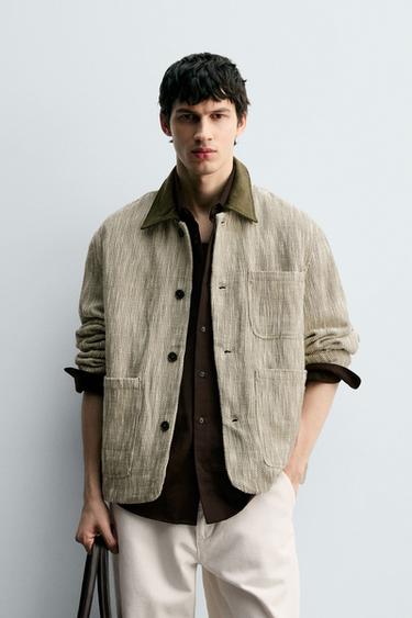 CONTRAST TEXTURED OVERSHIRT - Ecru / Green by Zara
