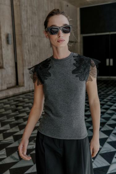 RIBBED FLORAL TOP - Grey by Zara