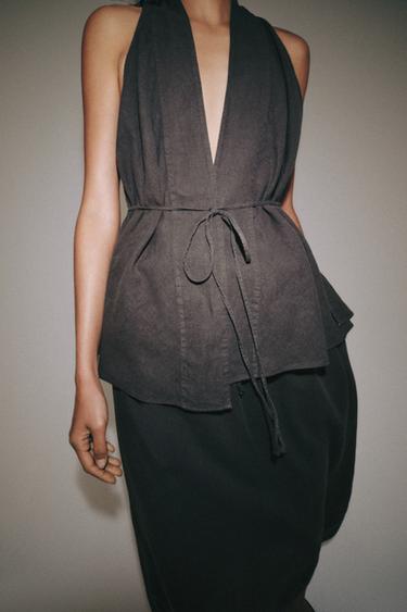 ZW COLLECTION LINEN BLEND WRAP TOP - Anthracite grey by Zara