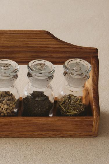 WOODEN SPICE RACK WITH GLASS JARS - Light brown by Zara