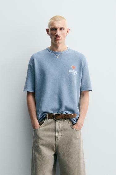 WASHED JELLY BEAN PRINT KNIT T-SHIRT - Faded sky blue by Zara