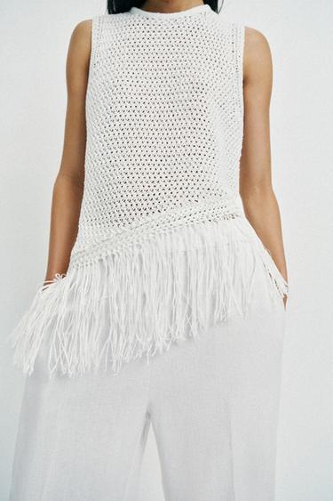 KNIT TOP WITH FRINGING - White by Zara