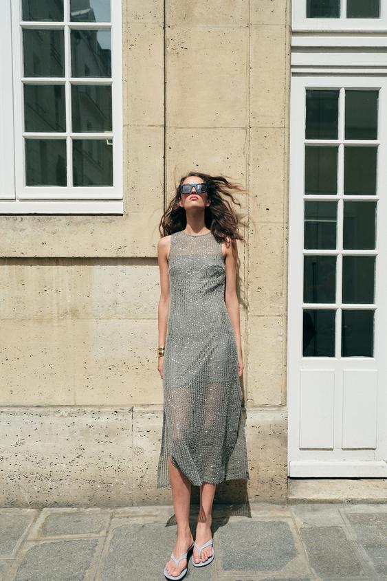 SEQUINNED MIDI DRESS - Grey by Zara - Image 0