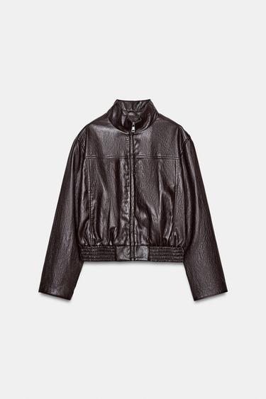 CROPPED LEATHER EFFECT BOMBER JACKET - Dark brown by Zara