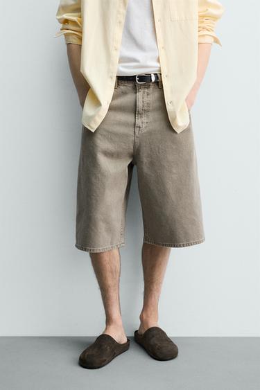 TEXTURED DENIM BALLOON FIT BERMUDA SHORTS - Khaki by Zara