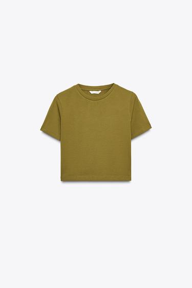 CROPPED STRETCH T-SHIRT - Olive green by Zara