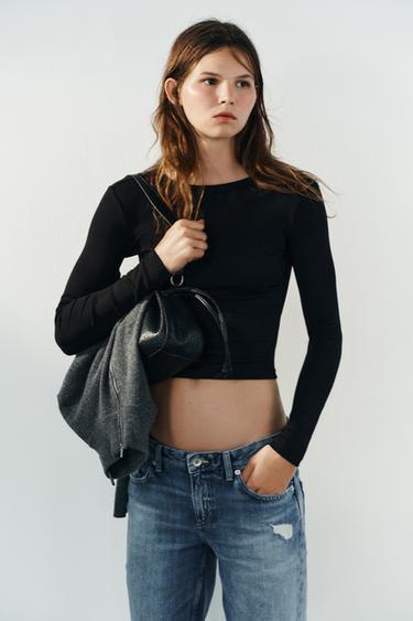 COTTON LONG SLEEVE T-SHIRT - Black by Zara