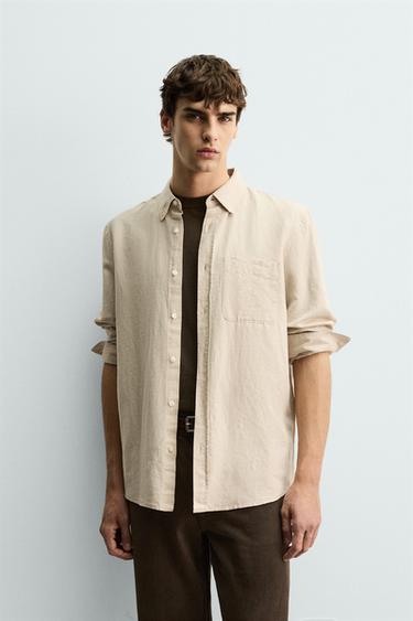 REGULAR FIT LINEN - COTTON SHIRT - Light beige by Zara