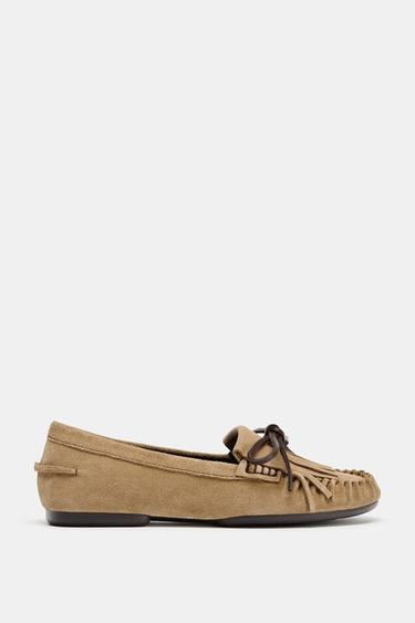 LEATHER LOAFERS WITH FRINGE - Beige by Zara