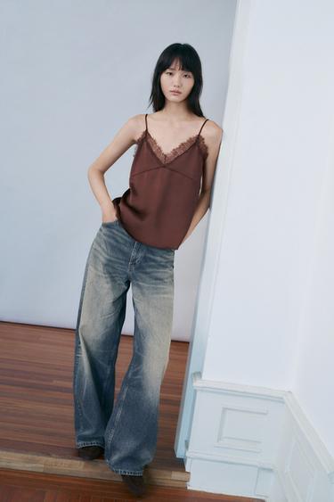 SATIN TOP WITH LACE - chocolate by Zara