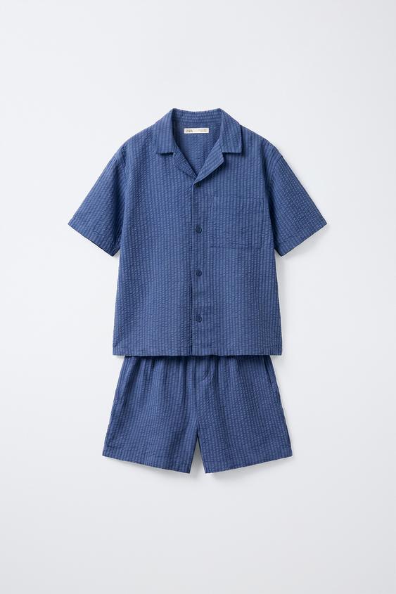 6-14 YEARS/ SEERSUCKER MODAL BLEND PYJAMA SHIRT SET - Blue by Zara - Image 0