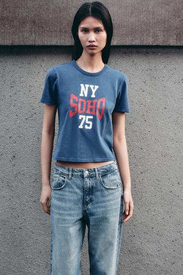 FADED-EFFECT T-SHIRT WITH SLOGAN - Blue by Zara