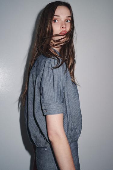 ZW COLLECTION DENIM PLEATED SHIRT - Blue by Zara