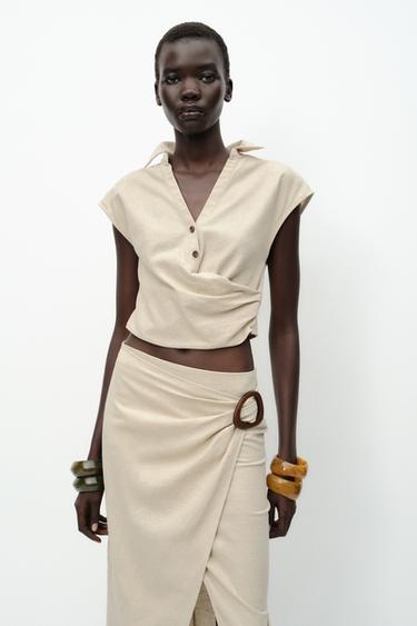 PLEATED LINEN TOP - Light beige by Zara