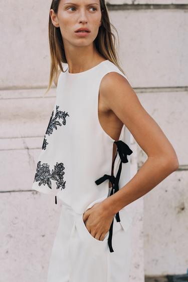 EMBROIDERED FLORAL TIE TOP - Ecru by Zara - Image 0