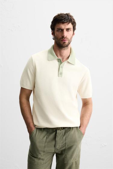 CONTRAST KNIT POLO SHIRT - Ecru / Green by Zara