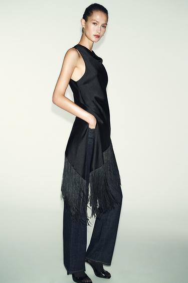 LONG SATIN TOP WITH FRINGING - Black by Zara