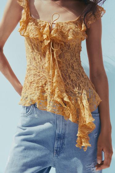 RUFFLED LACE T-SHIRT - Light orange by Zara