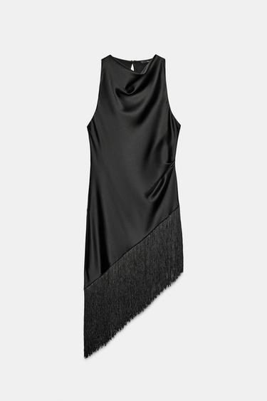 LONG SATIN TOP WITH FRINGING - Black by Zara