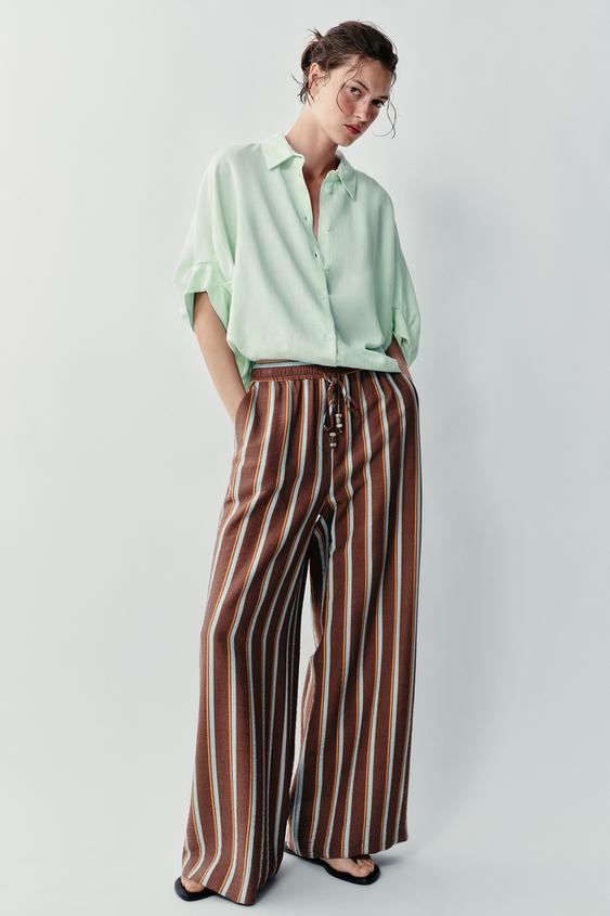 STRIPED WIDE-LEG TROUSERS - Brown Stripes by Zara - Image 0