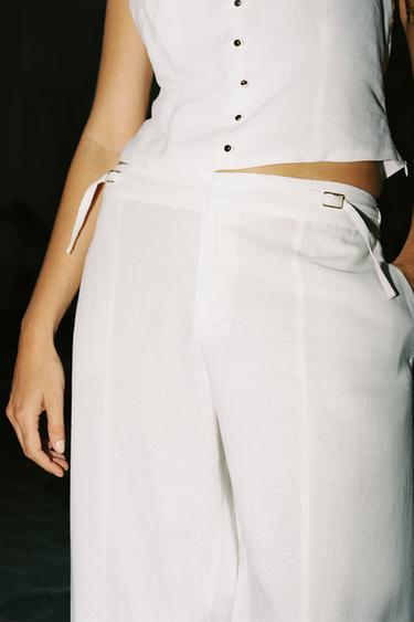 LINEN BLEND WIDE-LEG TROUSERS WITH BUCKLES - White by Zara