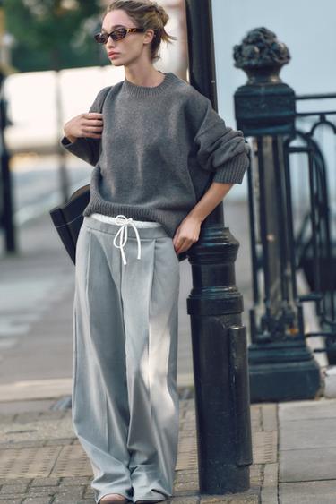 WIDE-LEG TROUSERS WITH DOUBLE WAISTBAND - Grey by Zara