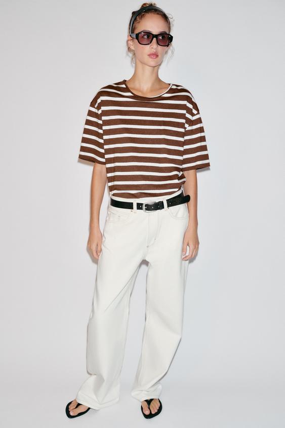 STRIPED SHORT SLEEVE T-SHIRT - Brown by Zara - Image 0