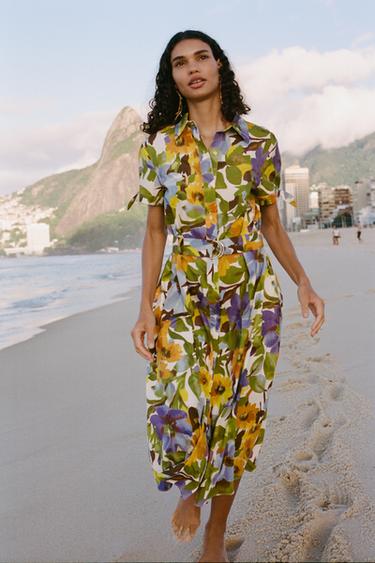 PRINTED POPLIN MIDI DRESS - Multicoloured by Zara