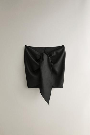 SHORT LINEN BLEND BEACH SARONG WITH KNOT - Black by Zara