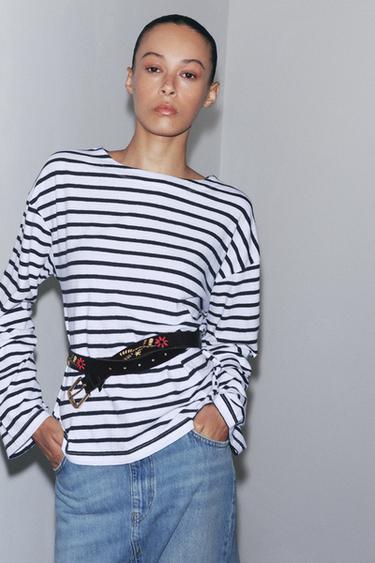 STRIPED LONG SLEEVE T-SHIRT - Blue/White by Zara