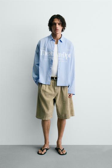 RELAXED FIT CHECK SHIRT WITH SLOGAN - Light blue by Zara