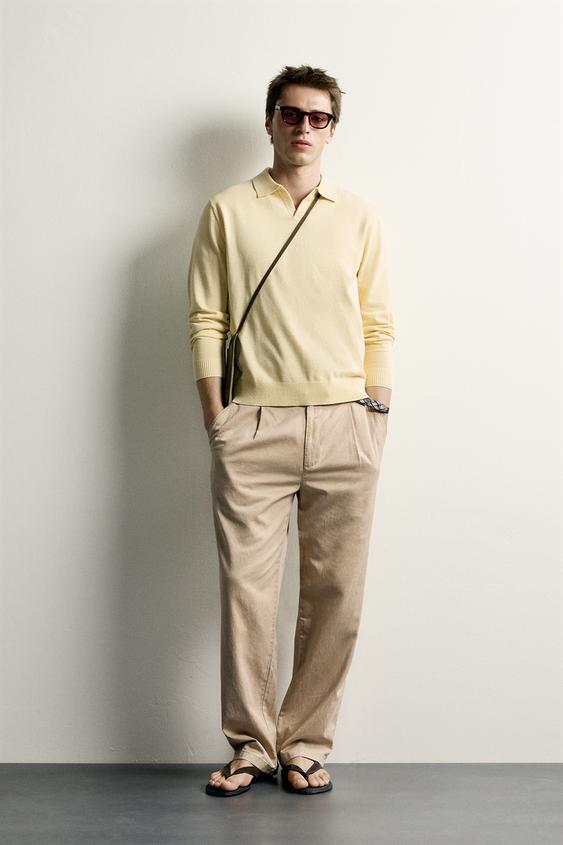 COTTON-LINEN REGULAR FIT KNIT POLO SHIRT - Yellow by Zara - Image 0