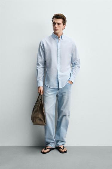 REGULAR FIT COTTON/LINEN SHIRT - Sky blue by Zara