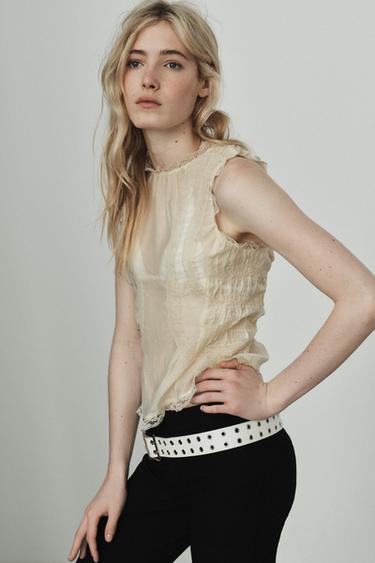 LACE SHIRT WITH COVERED BUTTONS - Cream by Zara