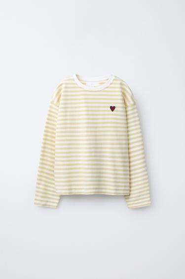 STRIPED T-SHIRT WITH EMBROIDERED HEART - Light beige by Zara - Image 0