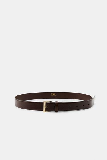 LEATHER BELT WITH SQUARE BUCKLE - Dark brown by Zara