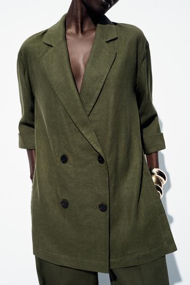 DOUBLE-BREASTED LINEN BLEND BLAZER - Dark khaki by Zara