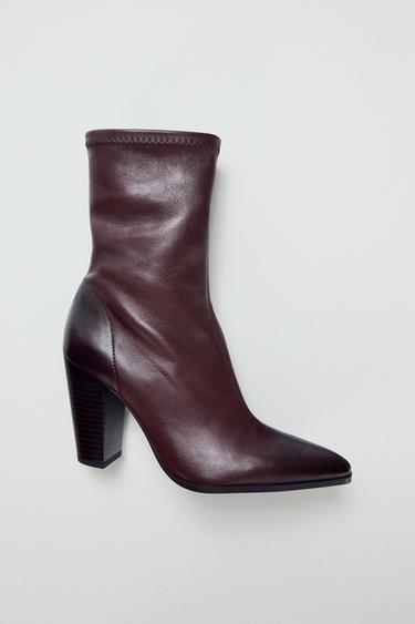 LEATHER -STYLE HEEL ANKLE BOOTS - Burgundy Red by Zara