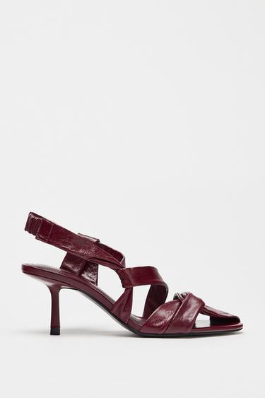 STRAPPY LEATHER HEELED SANDALS - Burgundy Red by Zara