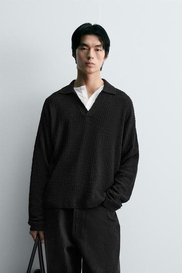 GEOMETRIC TEXTURED KNIT POLO SHIRT - Black by Zara