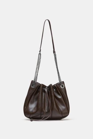 GATHERED BUCKET BAG WITH CHAIN DETAIL - Brown by Zara