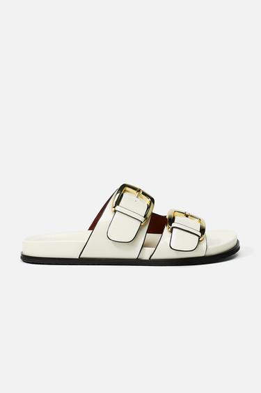 DOUBLE-STRAP FLAT SANDALS WITH BUCKLE - White by Zara