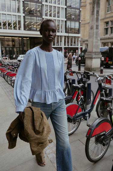 LADDER STITCH PEPLUM BLOUSE - Light blue by Zara