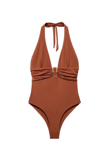 HALTER SWIMSUIT WITH METAL DETAIL - Caramel by Zara